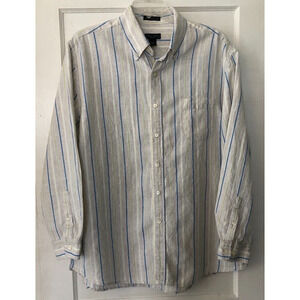 W. H. Belk, Men's Shirt, 100% Fine Washable Linen, XX Large, Beige/Blue Stripe